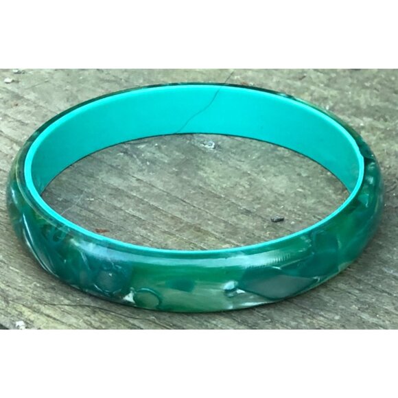 unique Vintage 1960s Marbled Dark Green Moon Glow Lucite Thermoset Bangle - Picture 5 of 6